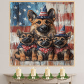 Rustic Patriotic German Shepherd Mother and Three Puppies in American Flag Hats and Bowties on Ready to Hang 1.5" Thick Canvas Wrap, Floating Framed Canvas, Flat Rolled Canvas